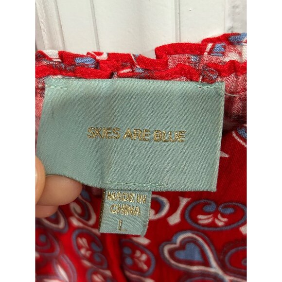 Skies are Blue Red Blue Boho Floral Print Dress Bell Sleeves Size Large - Picture 6 of 10